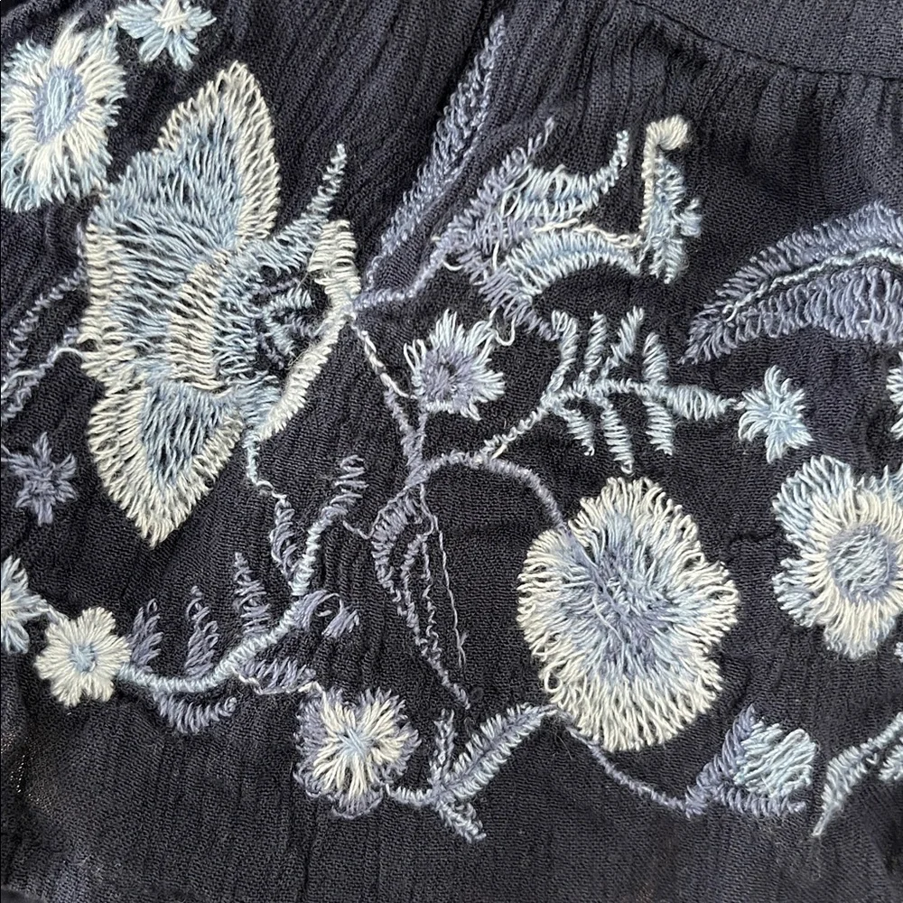 Hollister Navy Floral Embroidered Smocked Off the Shoulder Bell Sleeve Top - Picture 7 of 10